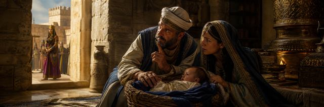 Jehosheba and priest Jehoiada sheltering infant Joash while Athaliah stands in the distance
